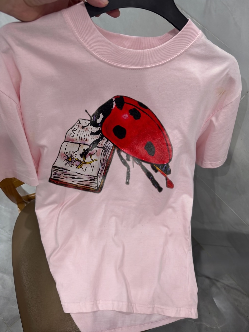 Gildan Pink Tee with Red Ladybug Graphic